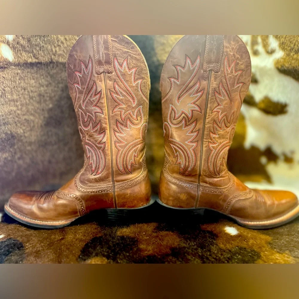 BROWN BOOTS SQUARE TOE RIDING HEEL LADY 8 MEN 7D ARIAT SPUR SHELF STITCH UNISEX - Picture 6 of 15